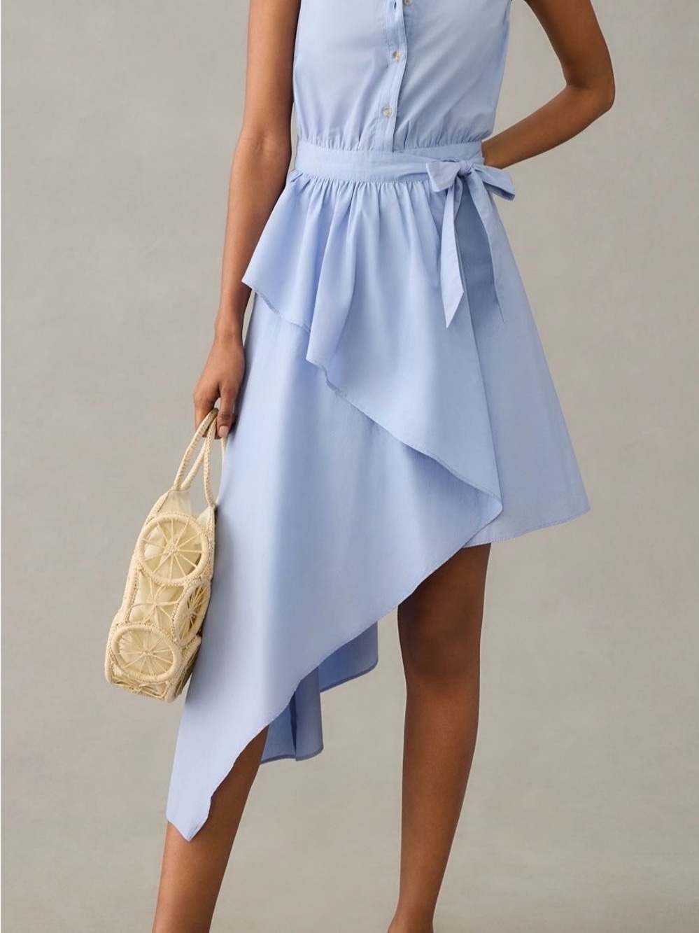 Maeve Sleeveless Light Blue Asymmetric Ruffle Dress with Tie Waist